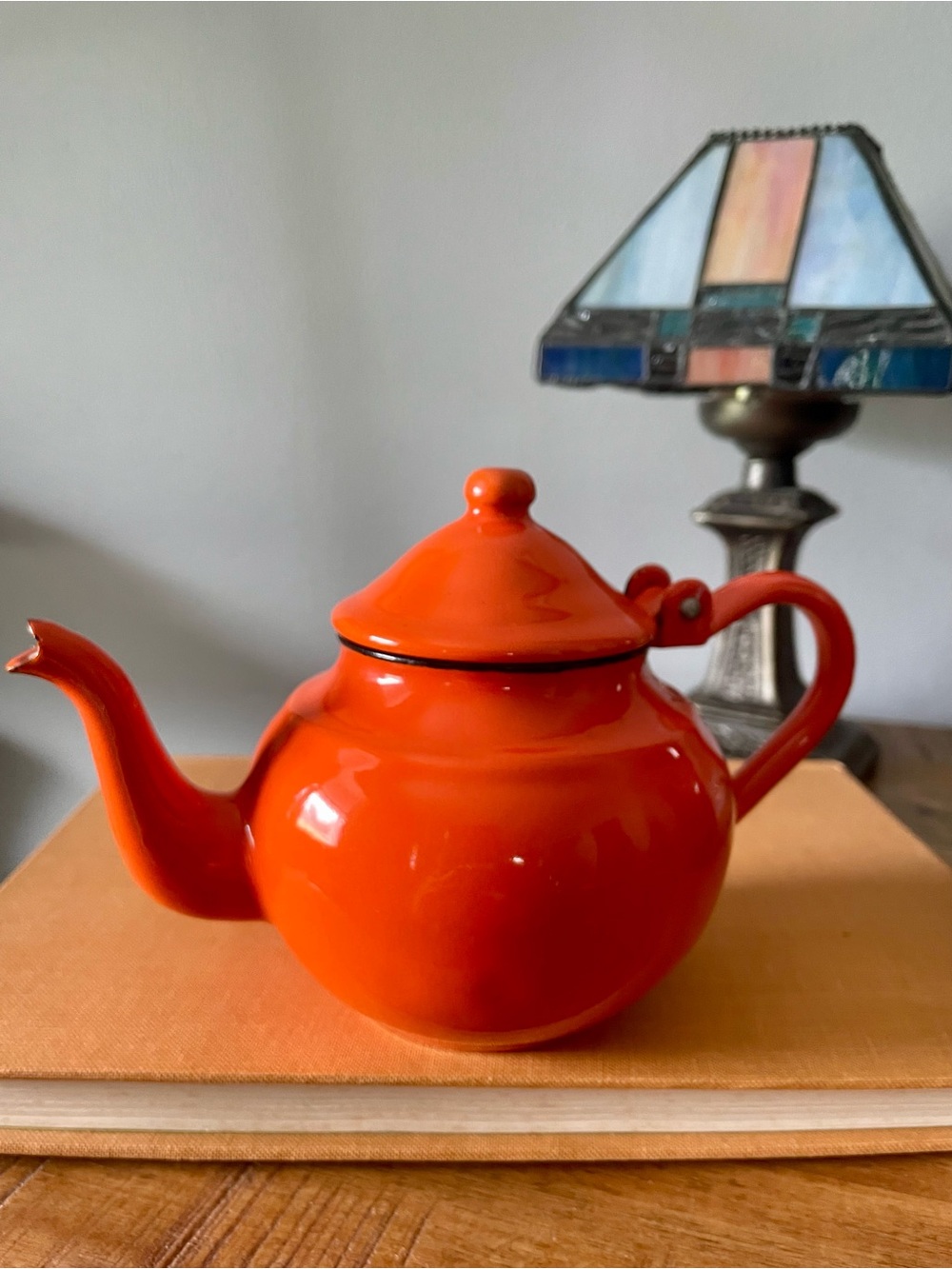 Vintage Enamelware Mini Orange Teapot